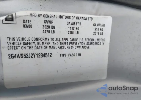 2000 Buick Century Custom z USA, uszkodzony, nr VIN 2G4WS52J2Y1284542